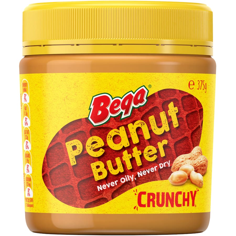 Bega Peanut Butter Crunchy: creamy spread with crunchy texture, made from high oleic peanuts for rich flavor and health benefits.