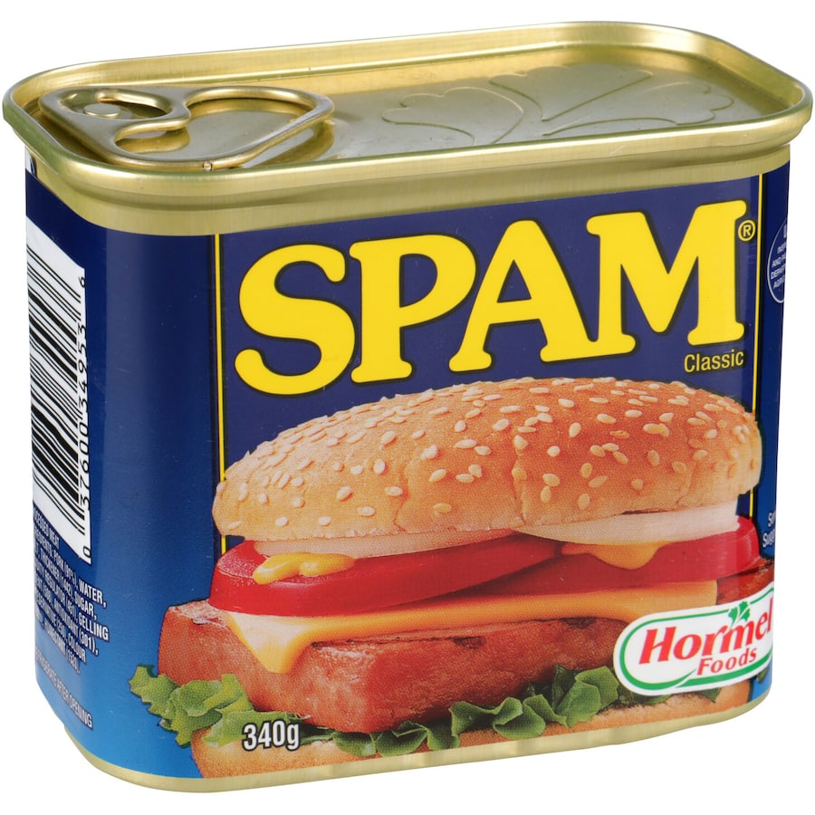 Canned Spam Ham Regular with easy-open ring pull, perfect for outdoor meals while camping, fishing, or hiking.