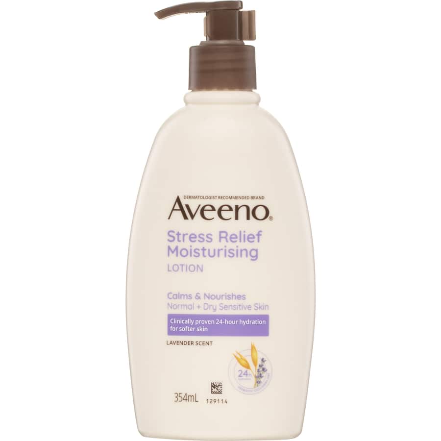 Aveeno Body Lotion Stress Relief features soothing lavender scent, 24-hour hydration, and prebiotic colloidal oat for sensitive skin.