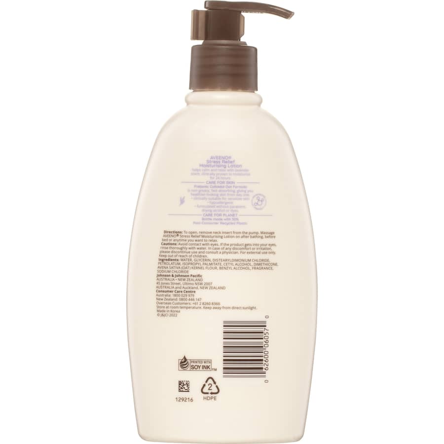 Aveeno Stress Relief Body Lotion with lavender scent, clinically proven 24-hour hydration for sensitive skin.