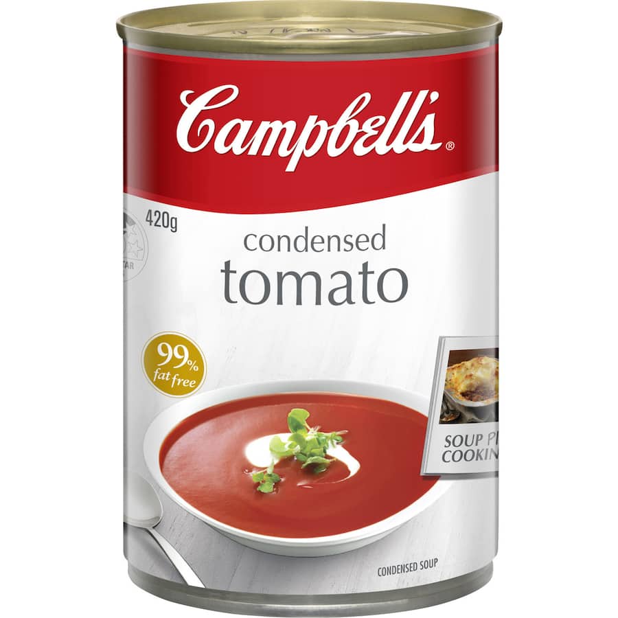 A can of Campbell's Tomato Condensed Soup, showcasing rich flavor, quality ingredients, perfect for quick meals or recipes.
