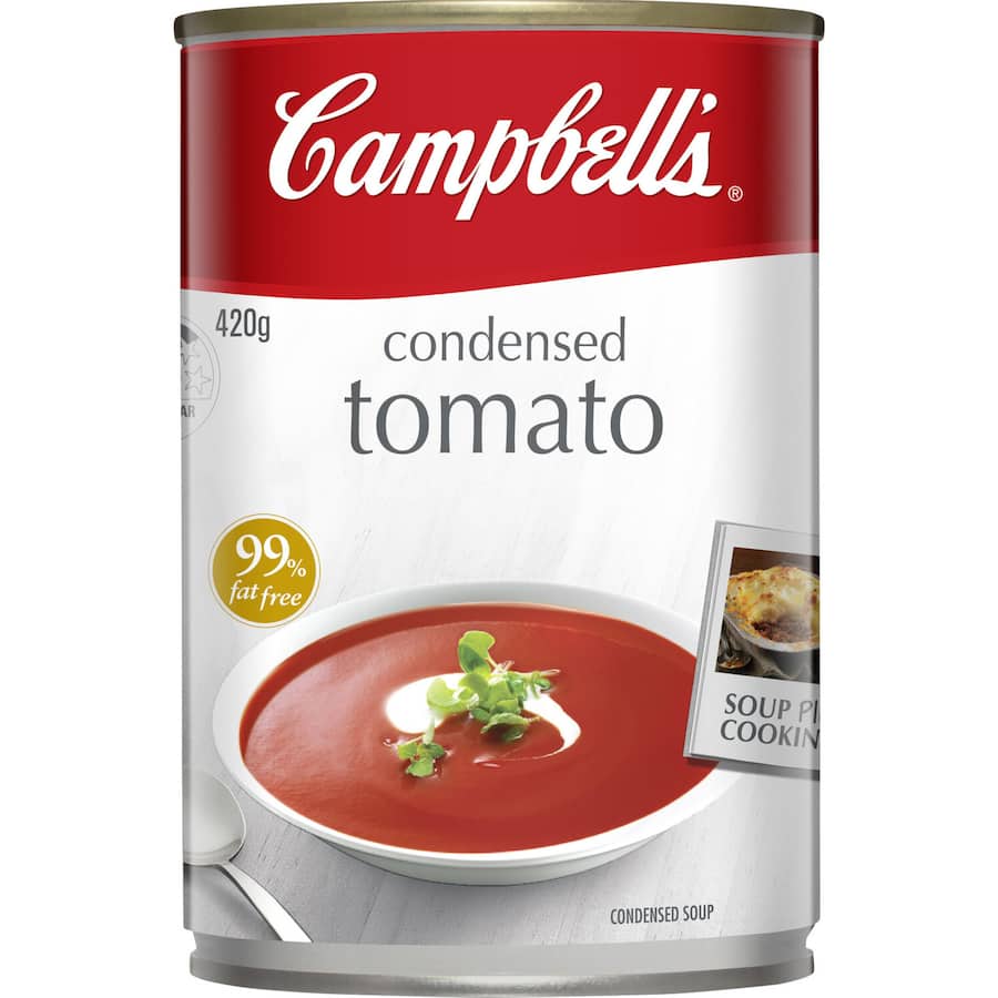 Classic Campbell's Tomato Condensed Soup can, perfect for quick meals and versatile cooking, made with premium tomatoes.