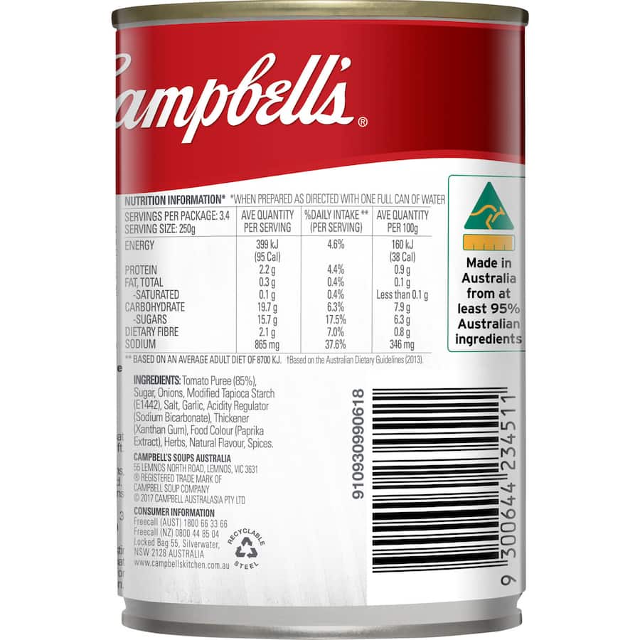 A can of Campbell's Tomato Condensed Soup, rich in flavor and perfect for quick meals or as a versatile cooking ingredient.