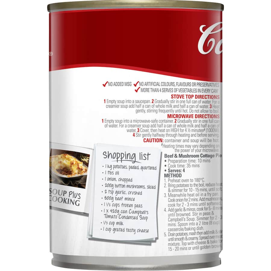 Canned Campbell's Tomato Soup, rich in flavor, easy to prepare, perfect for meals or recipes, no preservatives.