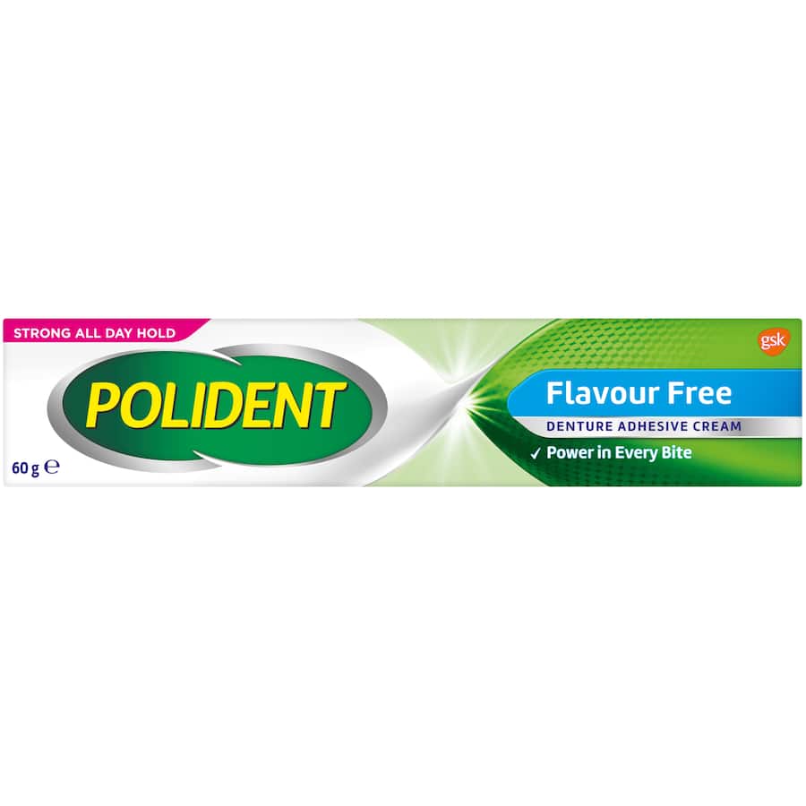 Flavour-free Polident Denture Adhesive Cream provides strong all-day hold and enhances comfort without affecting food taste.