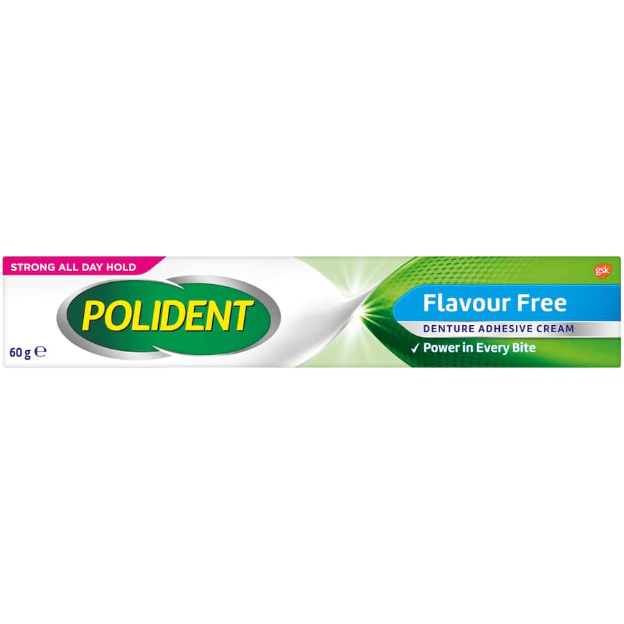 Polident Denture Adhesive Cream Flavour Free ensures secure, all-day hold for comfortable denture wear without food interference.