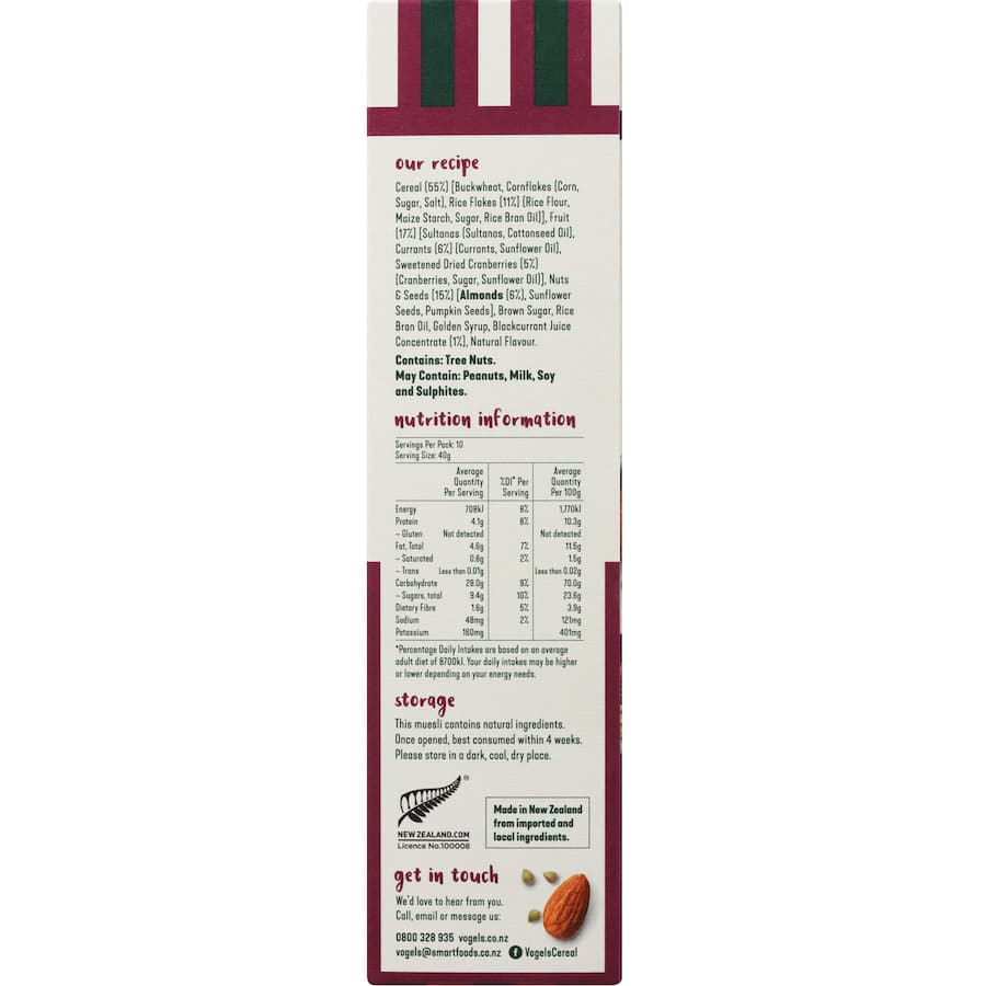 Vogels Cafe Style Muesli Toasted Berry Gluten Free, featuring toasted oats and mixed berries for a nutritious breakfast option.