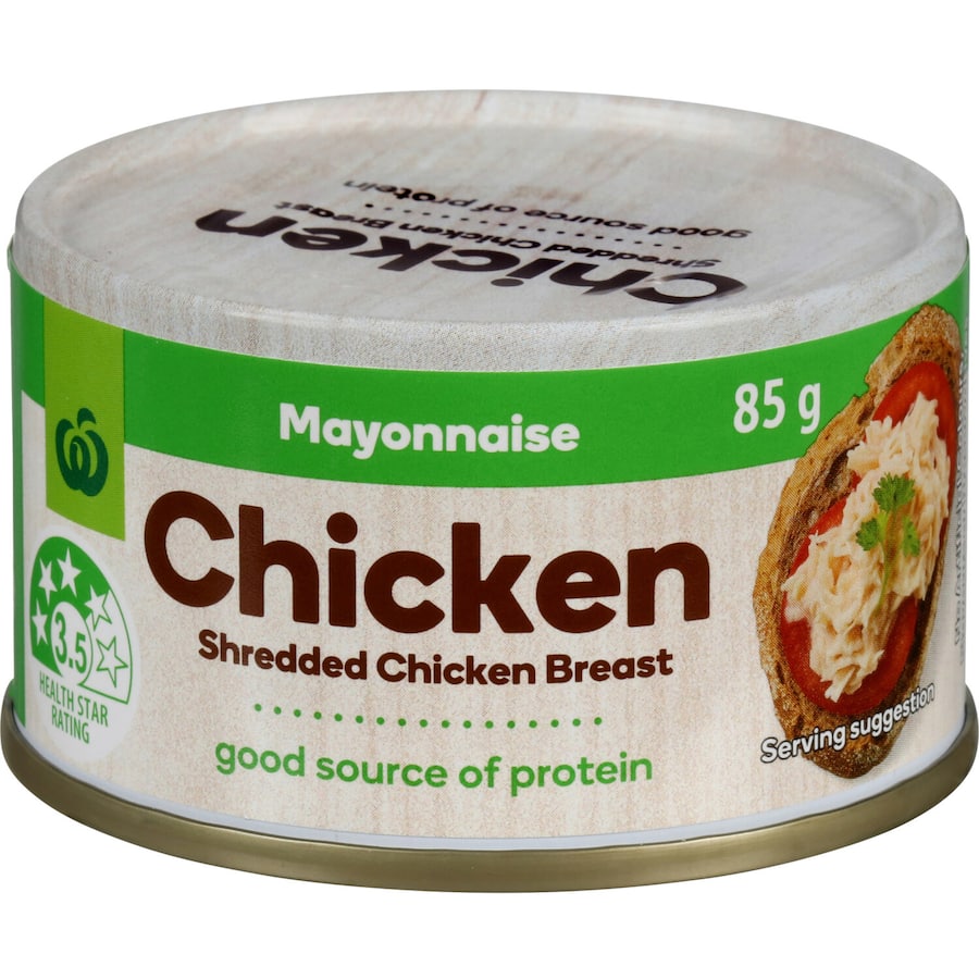 Woolworths Canned Chicken Mayonnaise in a can, perfect for quick meals, creamy texture, high protein, no artificial additives.
