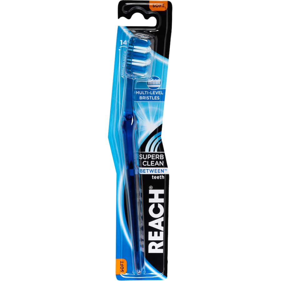 Soft Reach Between Toothbrush with multi-level bristles for effective plaque removal and gentle care for sensitive gums.