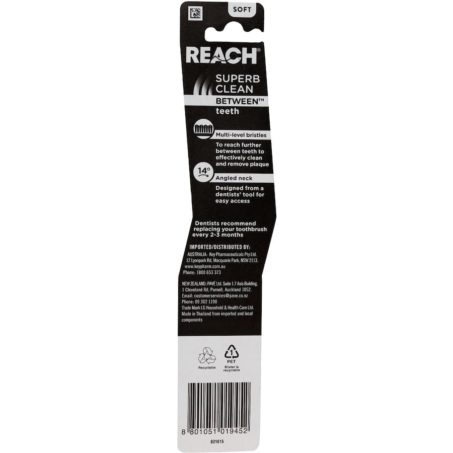 Soft-bristled Reach Between Toothbrush designed for gentle plaque removal and optimal gum protection.