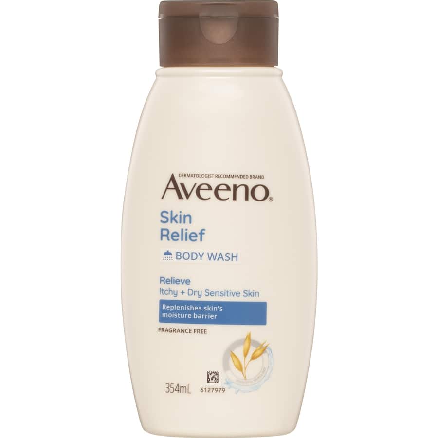 Aveeno Body Wash Skin Relief: gentle cleanser with prebiotic oat complex, soothing dry, itchy, and sensitive skin, hypoallergenic.