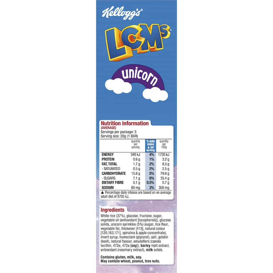 Kellogg's Lcms Cereal Bars Unicorn Rice Bubbles 5pk 100g