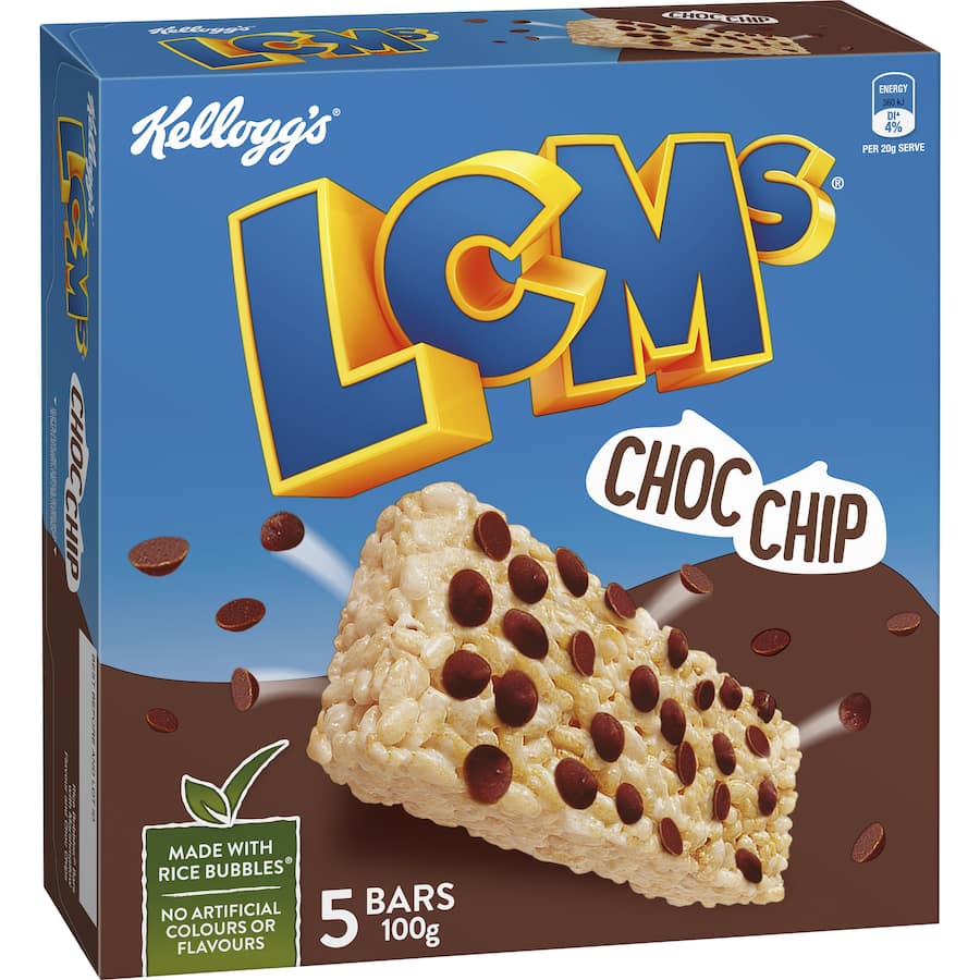 Kellogg's LCMs Choc Chip Cereal Bars: 5 individually wrapped snack bars with Rice Bubbles and chocolate chips, perfect for any occasion.