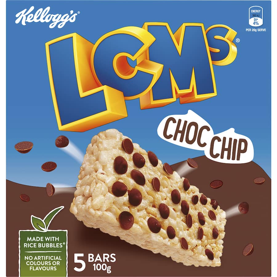Kellogg's LCMs Choc Chip Rice Bubbles bars with crisp Rice Bubbles, chocolate chips, and marshmallow, perfect for on-the-go snacking.