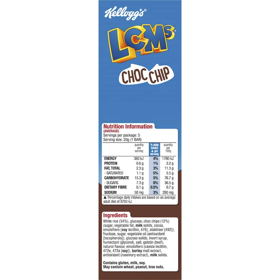 Kellogg's LCMs Choc Chip Rice Bubbles bars featuring crispy rice, chocolate chips, and marshmallow, perfect for snacks or lunchboxes.