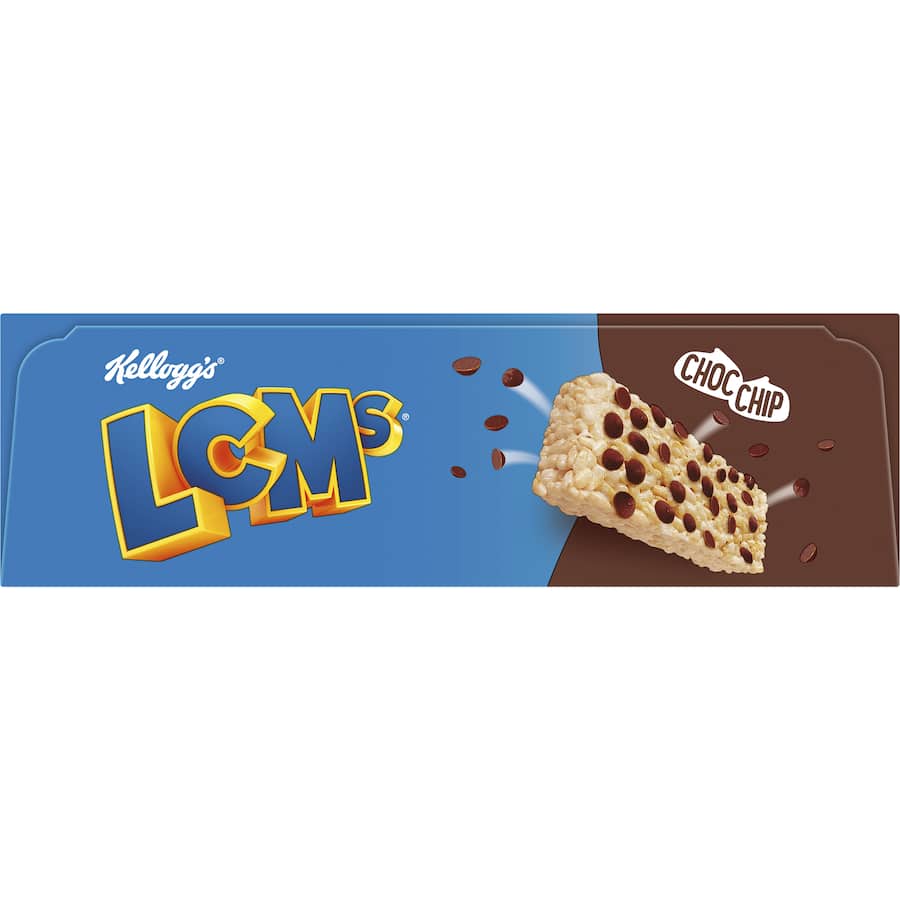 Kellogg's LCMs Choc Chip Rice Bubbles bars, individually wrapped cereal bars with chocolate chips and marshmallow flavor.