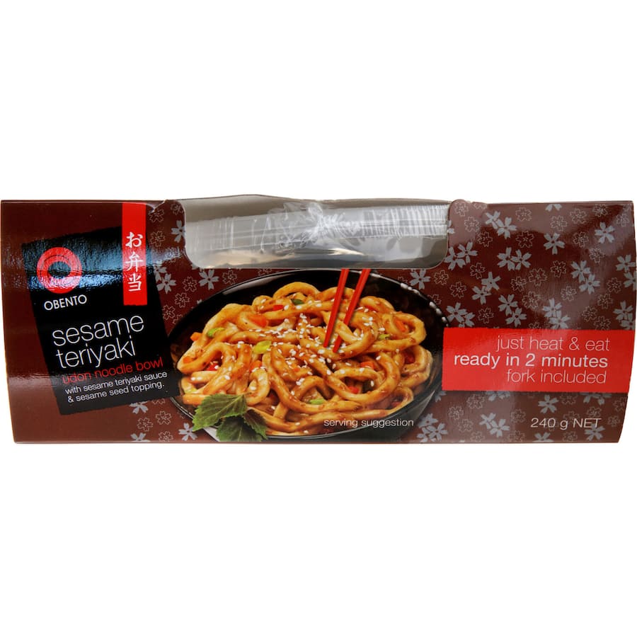Obento Bowl Instant Noodles featuring savory sesame teriyaki flavors in a convenient ready-to-eat meal.