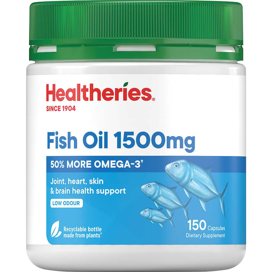 Healtheries Fish Oil Value Pack 1500mg capsules with 50% more EPA and DHA for heart, joint, brain, and skin health support.