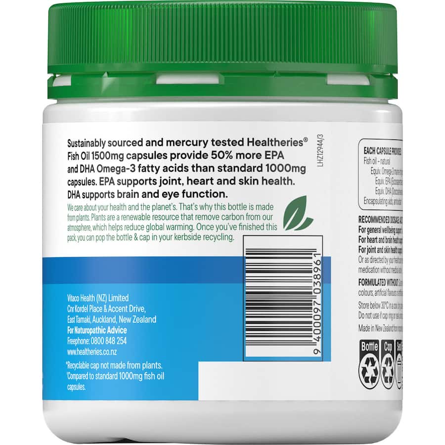 Healtheries Fish Oil Value Pack 1500mg capsules, rich in EPA and DHA, support heart, joint, brain, and skin health.