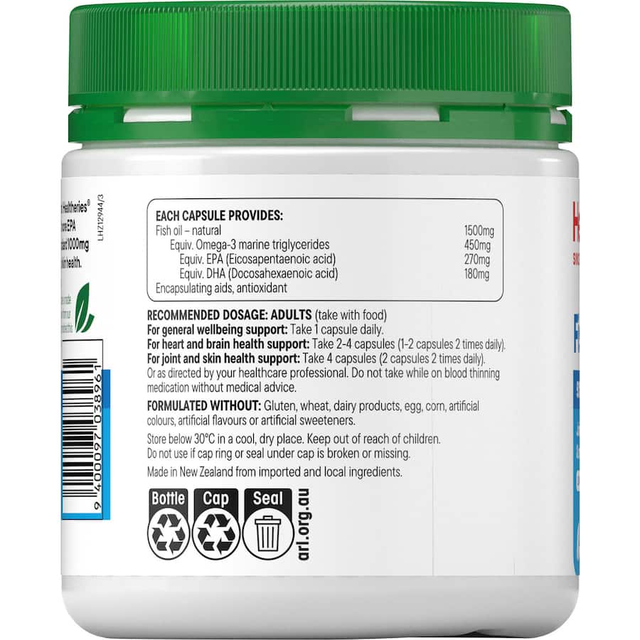 Healtheries Fish Oil Value Pack 1500mg capsules with 50% more EPA and DHA for heart, joint, mood, and brain health support.