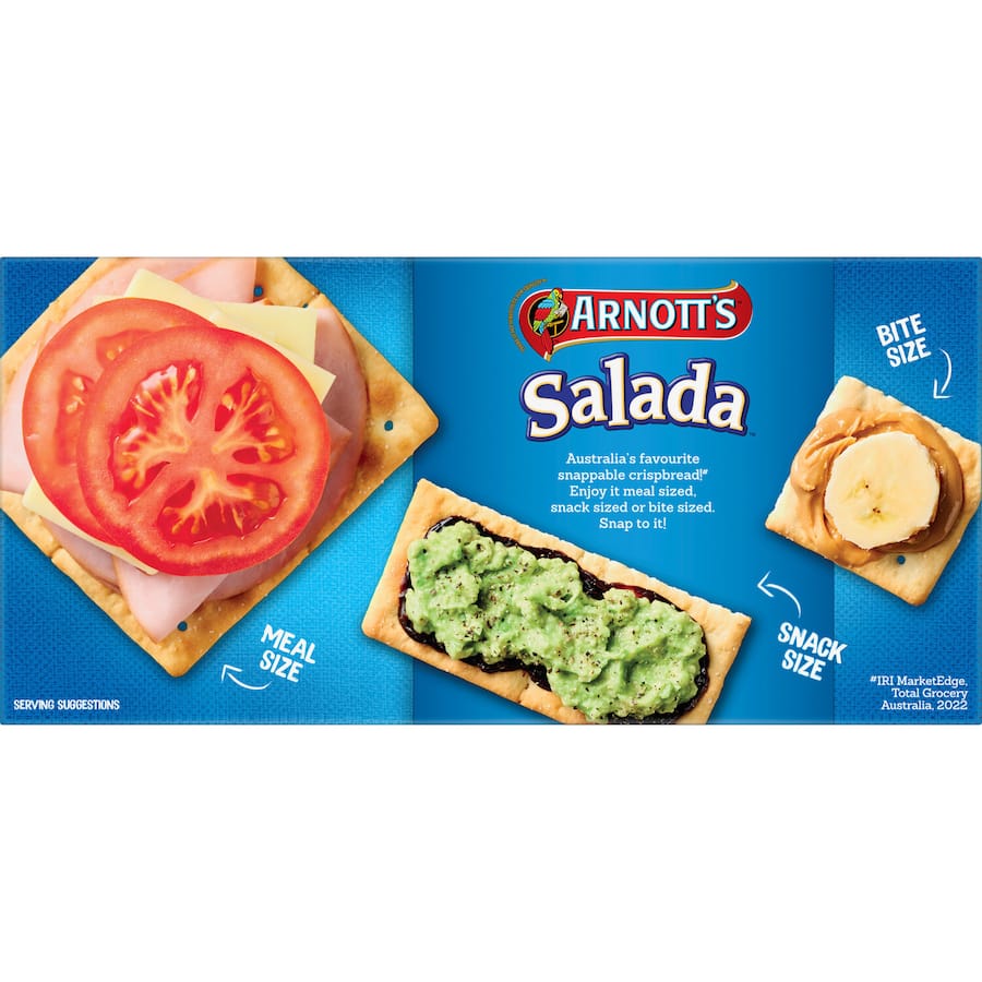 Arnotts Salada Crackers Original, versatile plain crackers that snap into four pieces, perfect for toppings or snacks.