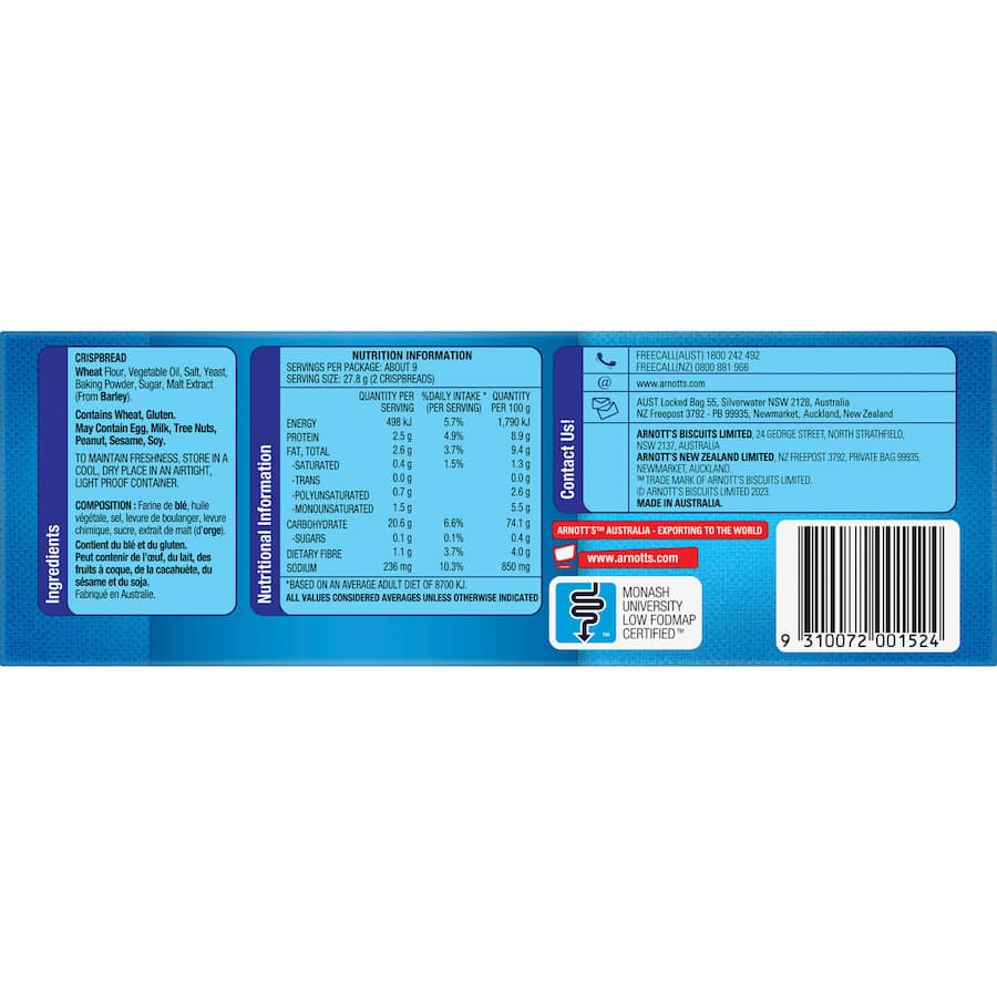 Crisp and versatile Arnotts Salada Crackers Original, perfect for toppings or plain snacking, easily snaps into four pieces.