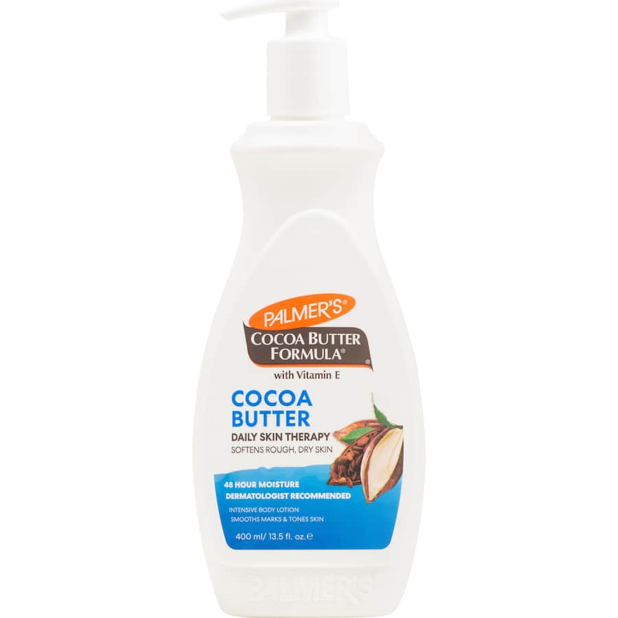 Palmer’s Cocoa Butter Body Lotion offers intense hydration, leaving skin soft, smooth, and radiant for up to 48 hours.