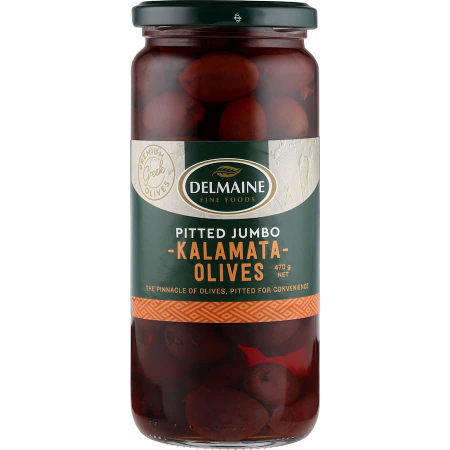 Delmaine Pitted Kalamata olives in rich purple, ideal for enhancing Mediterranean dishes and antipasto platters.