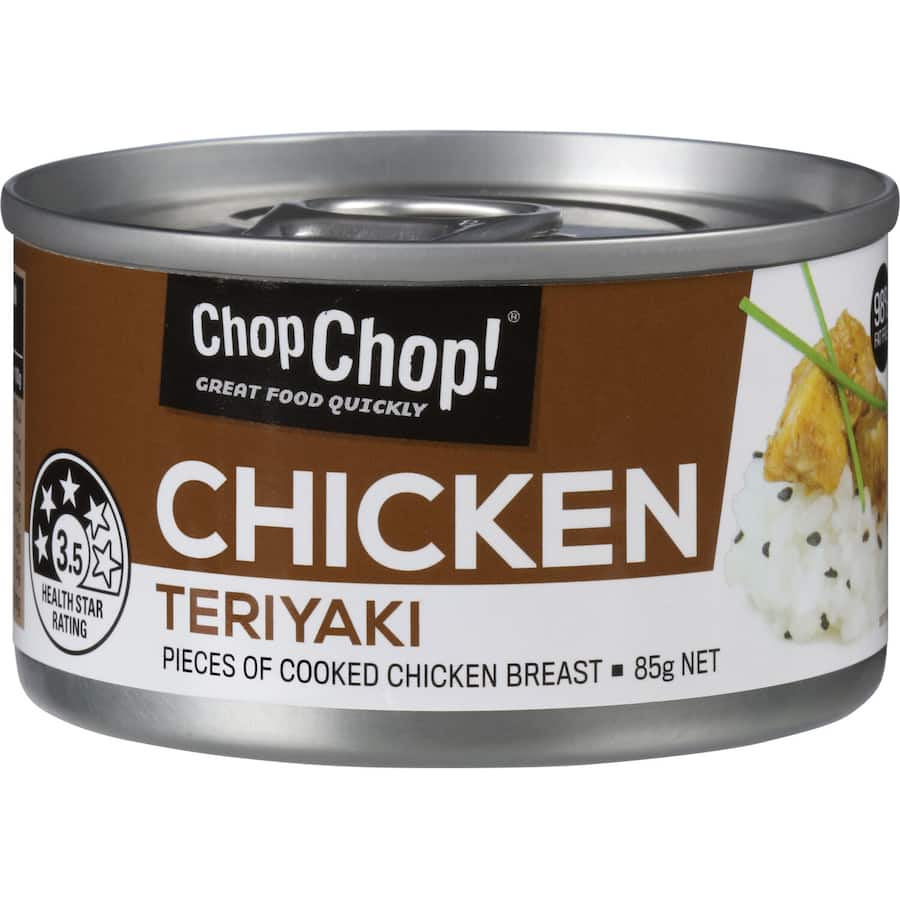 Canned chicken teriyaki for quick meals, featuring tender chicken in savory sauce, ideal for stir-fries and salads.