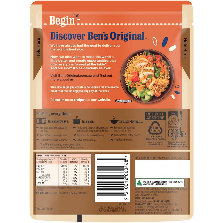 Bens Original Microwave Brown Rice in a convenient packaging, ready in 90 seconds, perfect for quick, nutritious meals.
