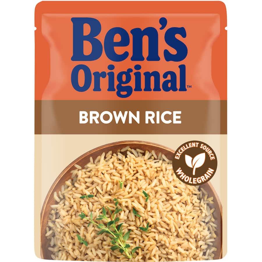 Bens Original Microwave Brown Rice pack, ready in 90 seconds, features whole grain goodness without artificial additives.