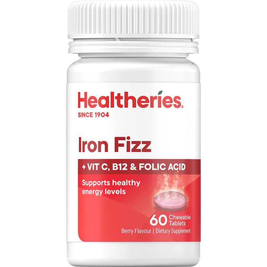Healtheries Iron Chewable Fizz Tablets: tasty fizzing supplements with iron, folic acid, B12, and vitamin C for energy and vitality.