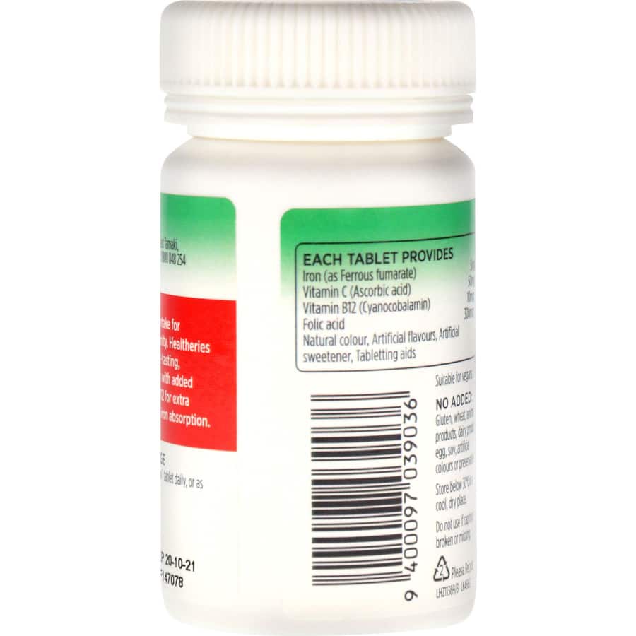Healtheries Iron Chewable Fizz Tablets, a tasty and fizzy supplement with iron, folic acid, B12, and vitamin C for energy support.