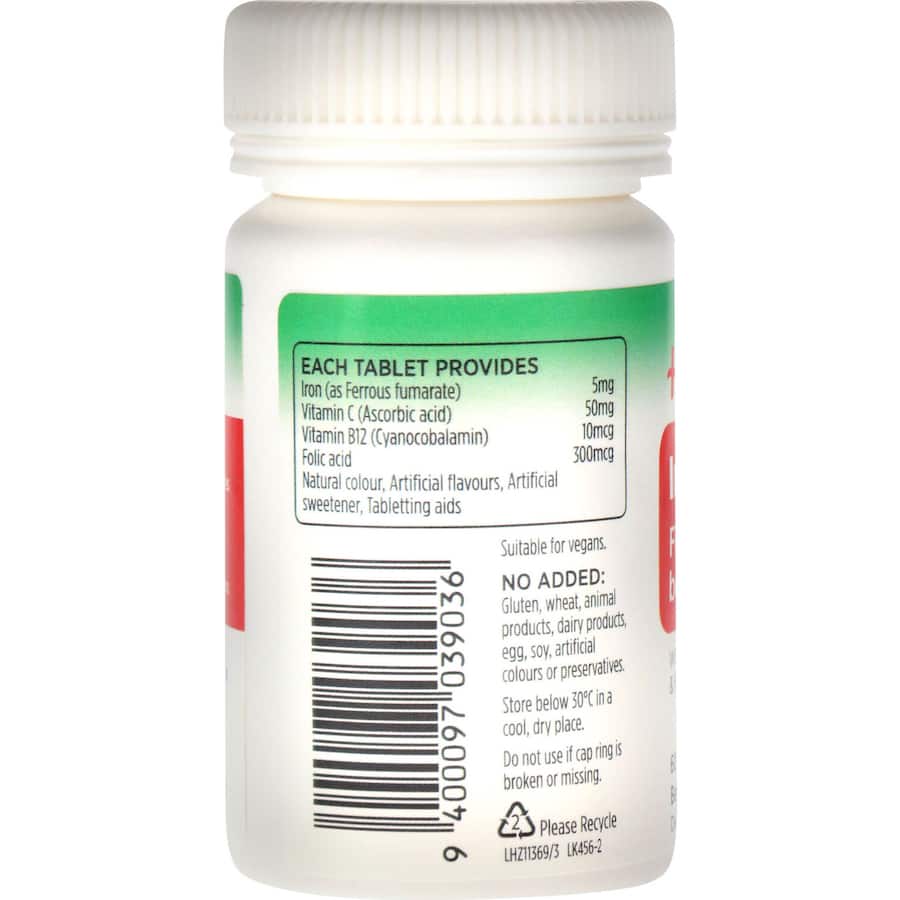 Healtheries Iron Chewable Fizz Tablets, a fizzy and tasty supplement with iron, folic acid, B12, and vitamin C for energy and vitality.