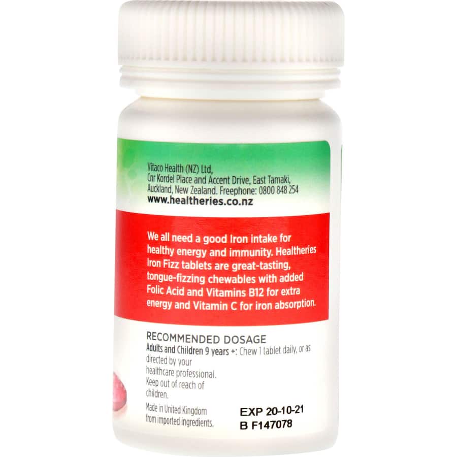 Healtheries Iron Chewable Fizz Tablets are tasty, fizzy supplements packed with iron, vitamin C, folic acid, and B12 for vitality.