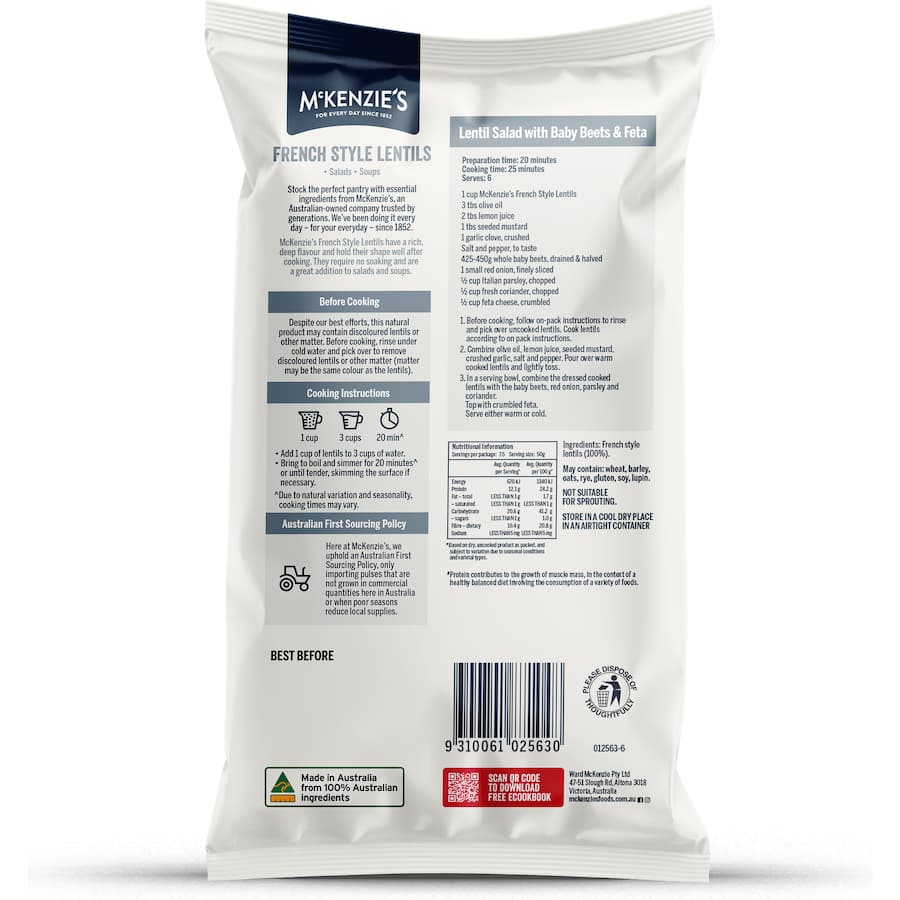 Mckenzie's French Style Lentils, earth-toned, nutrient-rich, ideal for soups and salads, no soaking required.
