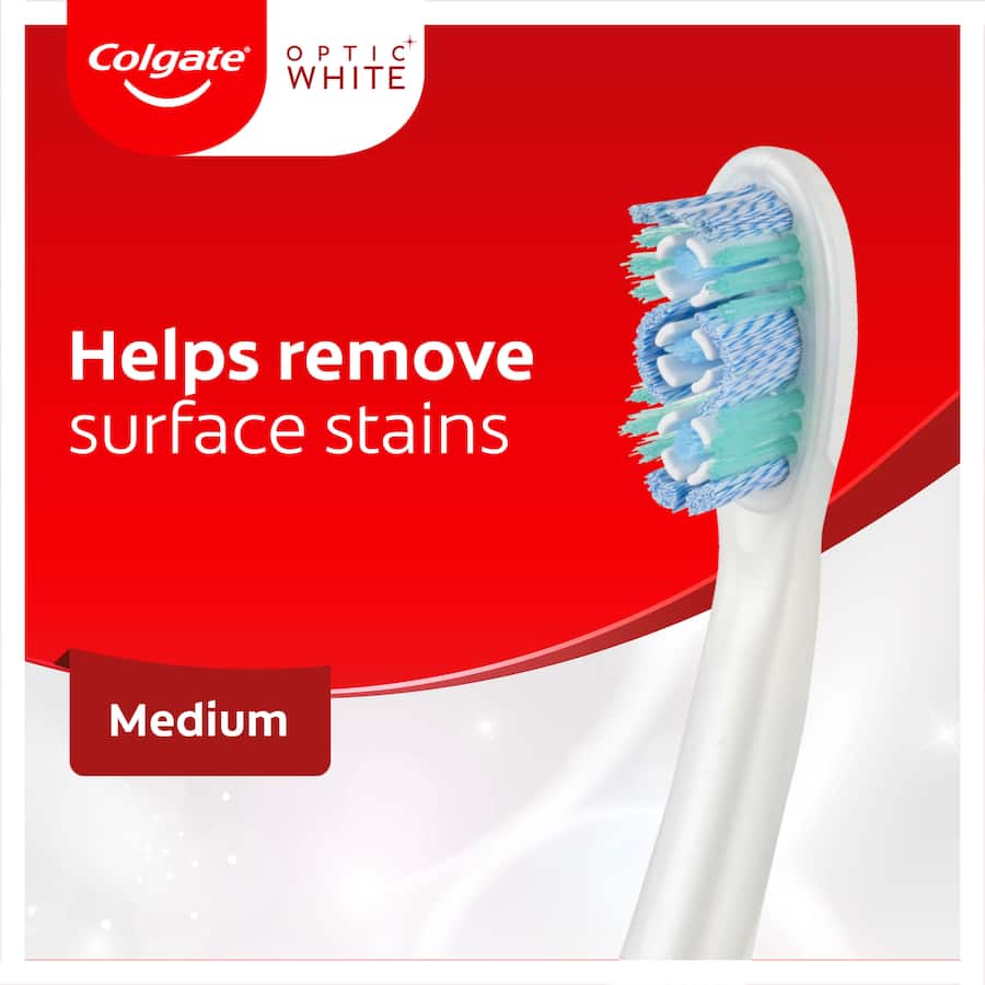 Colgate Optic White Electric Toothbrush with medium bristles for effective whitening and comprehensive oral care.