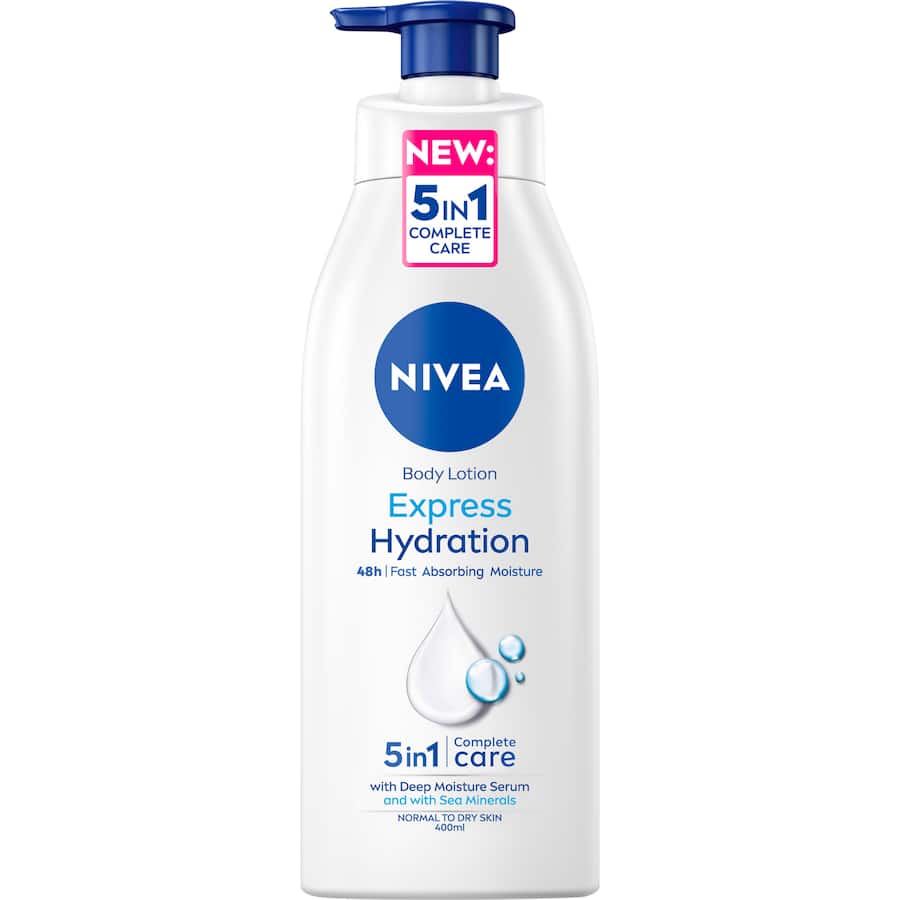 NIVEA Body Lotion Express Hydration offers 48-hour moisture, fast-absorbing formula, and nourishing Sea Minerals for soft, healthy skin.