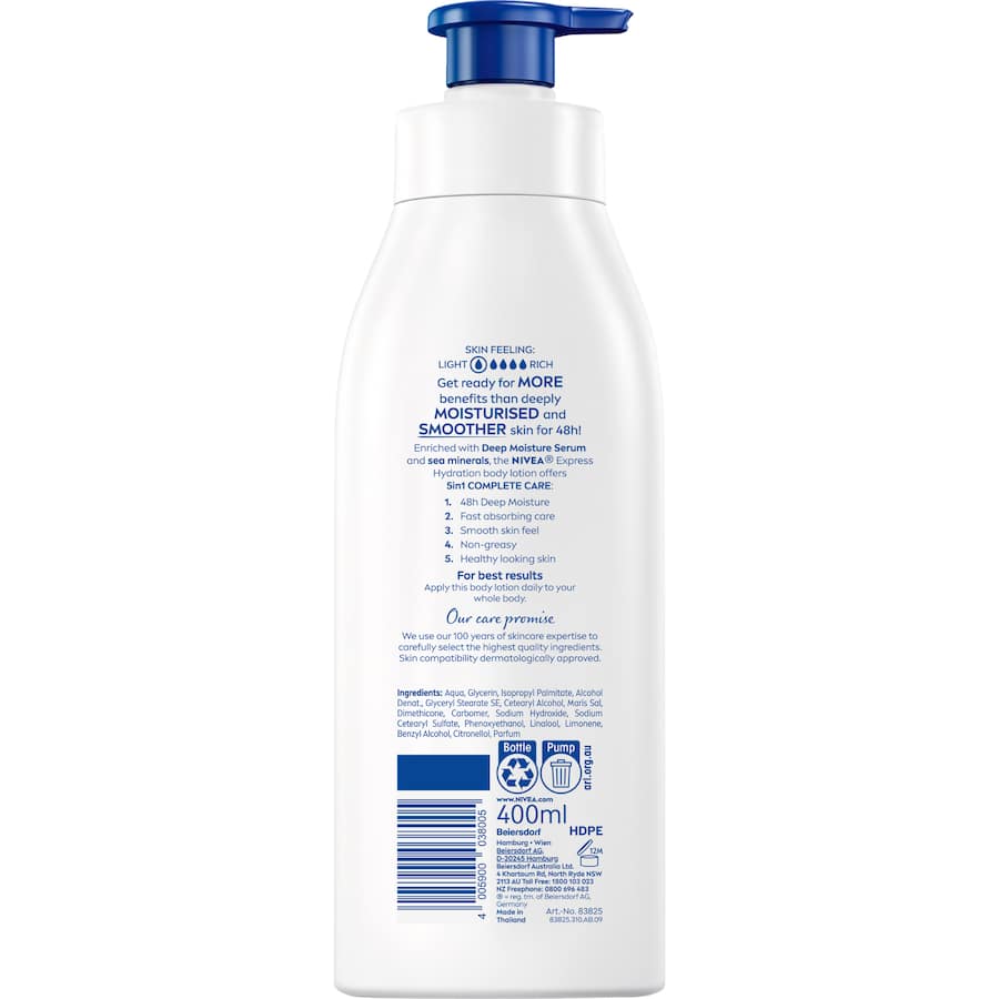 NIVEA Body Lotion Express Hydration delivers 48-hour moisture with fast-absorbing, non-greasy formula enriched with Sea Minerals.