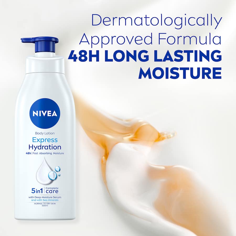 NIVEA Body Lotion Express Hydration offers 48-hour moisture with Sea Minerals for quick, non-greasy skin hydration.