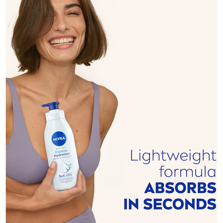 NIVEA Body Lotion Express Hydration: Lightweight lotion with Sea Minerals for 48-hour moisture and a non-greasy finish.