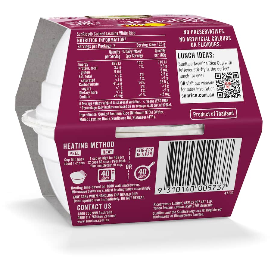 Quick Cups of Sunrice Fragrant Jasmine Rice for easy, gluten-free meals in just 40 seconds, ideal for busy lifestyles.