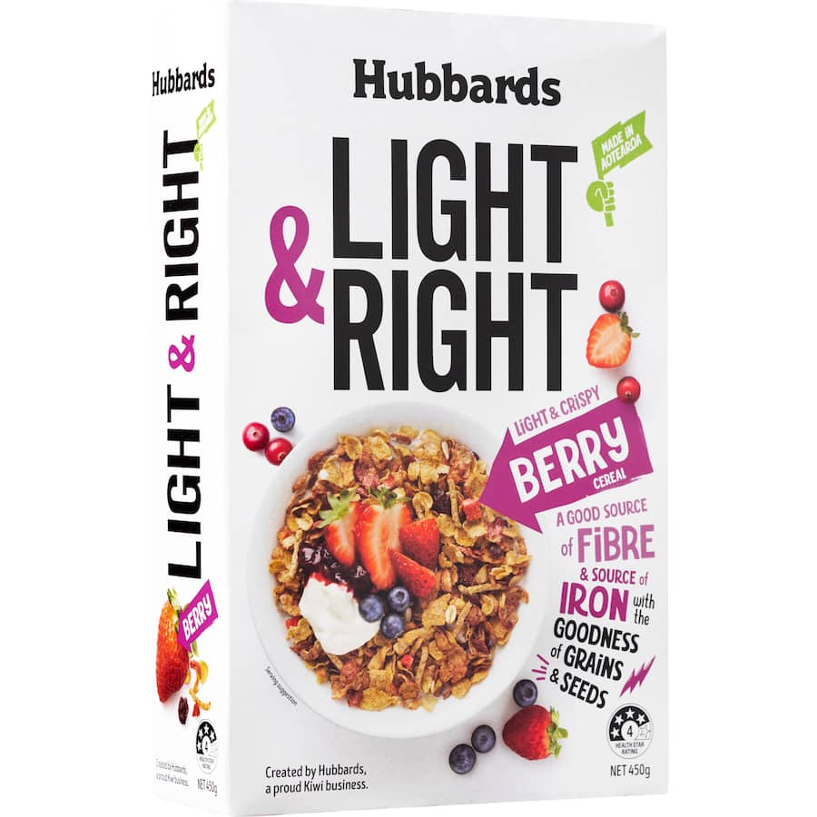 Hubbards Light & Right Cereal Berry Uplift with cranberries, strawberries, oats, and sunflower seeds for a nutritious breakfast.