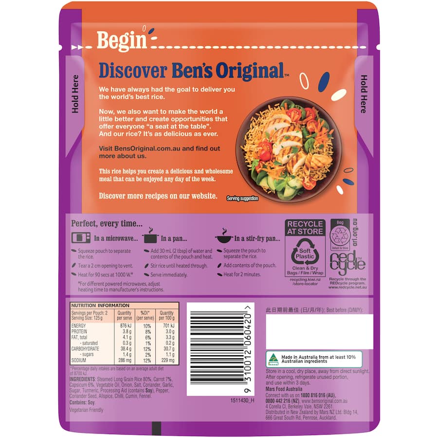 Ben's Original Microwave Rice Vegetable Pilau Rice, featuring basmati rice and vibrant veggies, ready in 90 seconds and vegetarian-friendly.