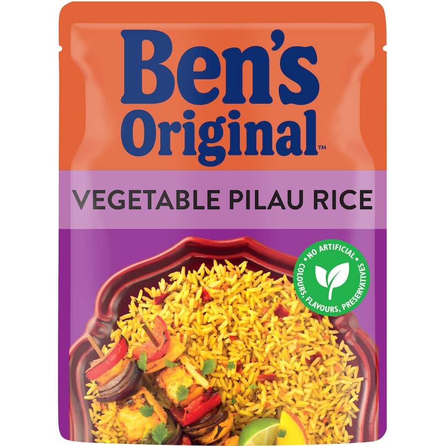 Ben's Original Microwave Vegetable Pilau Rice with basmati, capsicum, and carrots, ready in 90 seconds, no artificial ingredients.