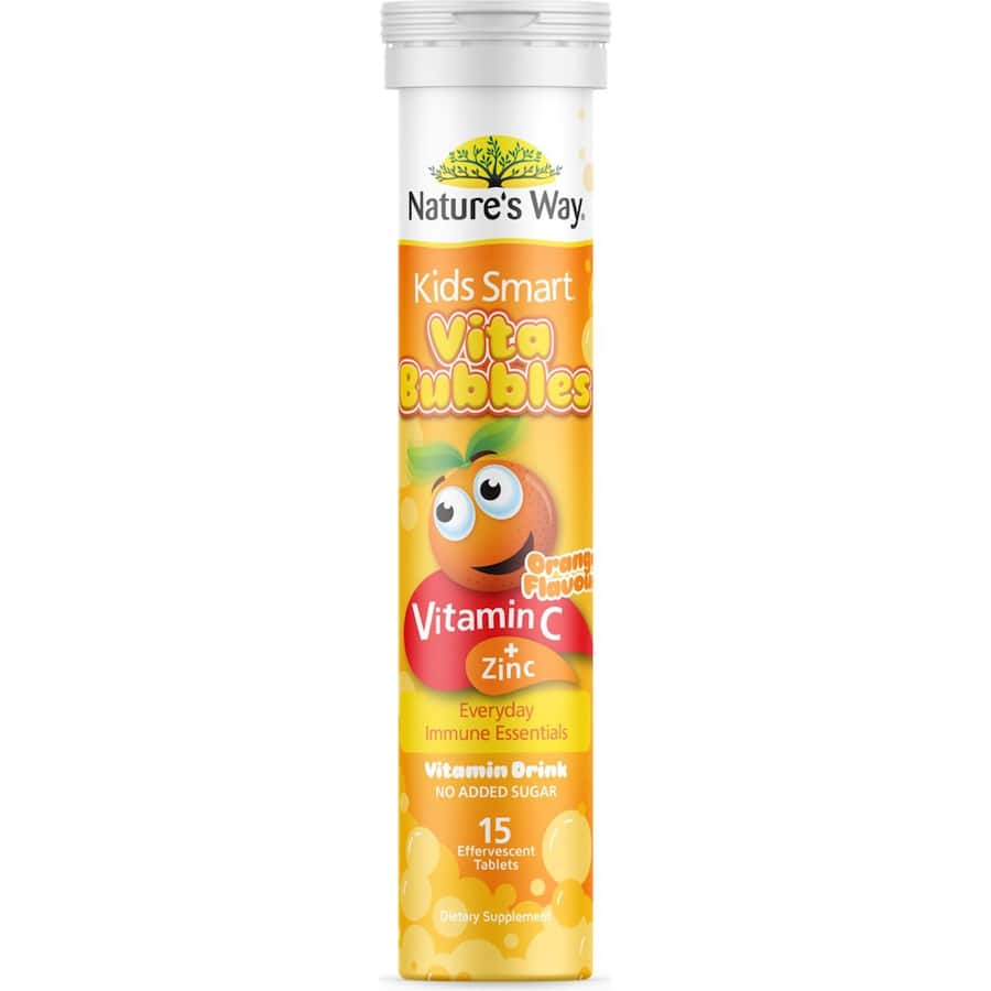 Effervescent vitamin C and zinc tablets for kids, promoting immune health and making nutrition enjoyable.