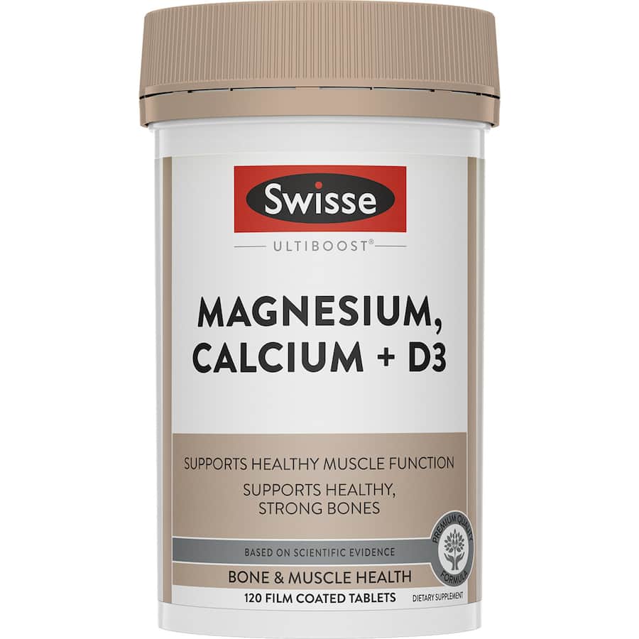 Swisse Ultiboost Magnesium Calcium Vitamin D tablets promoting muscle function, bone health, and overall vitality in a convenient dose.