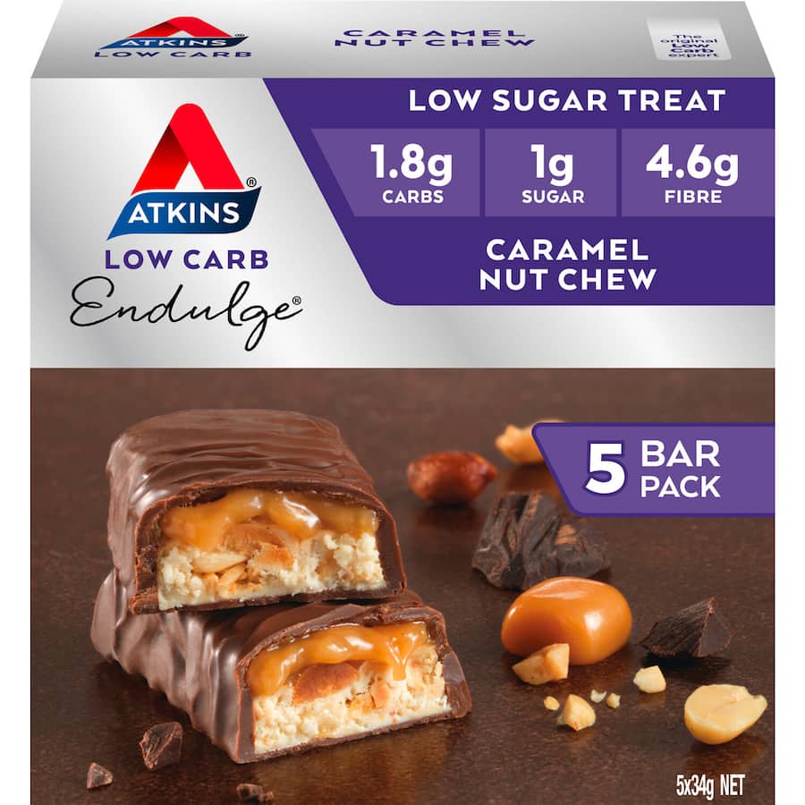 Atkins Endulge Caramel Nut bars in a pack of 5, featuring rich chocolate, caramel, and nut flavors, perfect for low-carb snacking.