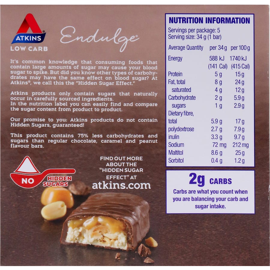Atkins Endulge Nutrition Bar Caramel Nut: low-carb chocolate, caramel, and nut snack bars, perfect for guilt-free indulgence.