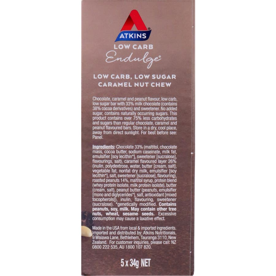 Atkins Endulge Caramel Nut bar with chocolate, caramel, and nut flavors, ideal for low-carb snacking.